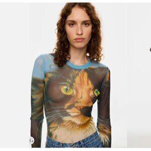 JW Anderson Cat Graphic Mesh Top Sheer Long-Sleeve Size Small *READ FLAW*